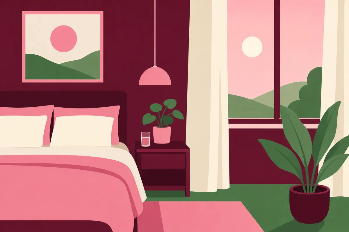 Illustration af et roligt soveværelse med en redt seng i morgenlys