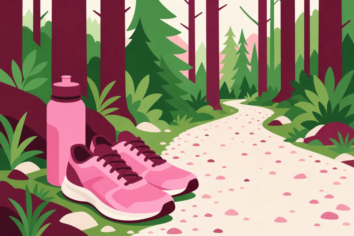 Illustration af løbesko og en vandflaske ved en grussti i skoven