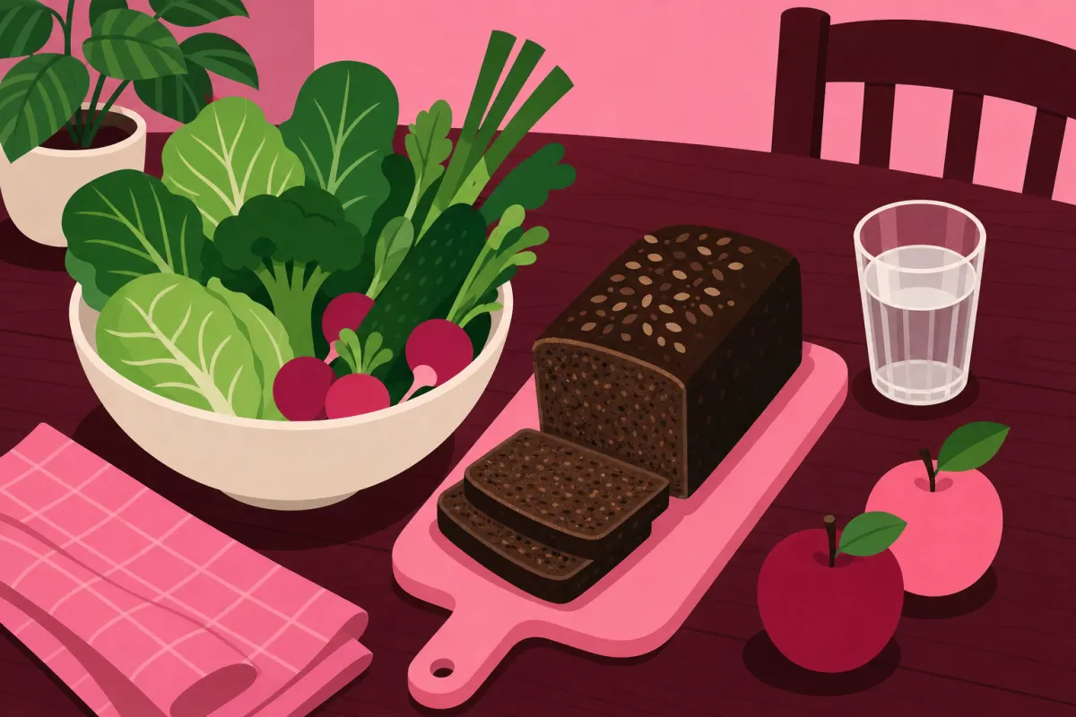 Illustration af et køkkenbord med grøntsager, rugbrød, æbler og et glas vand