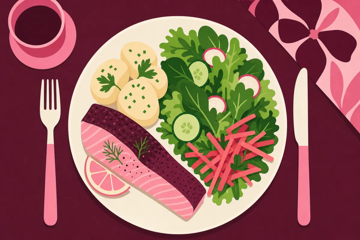 Illustration af en tallerken med fisk, kartofler og salat