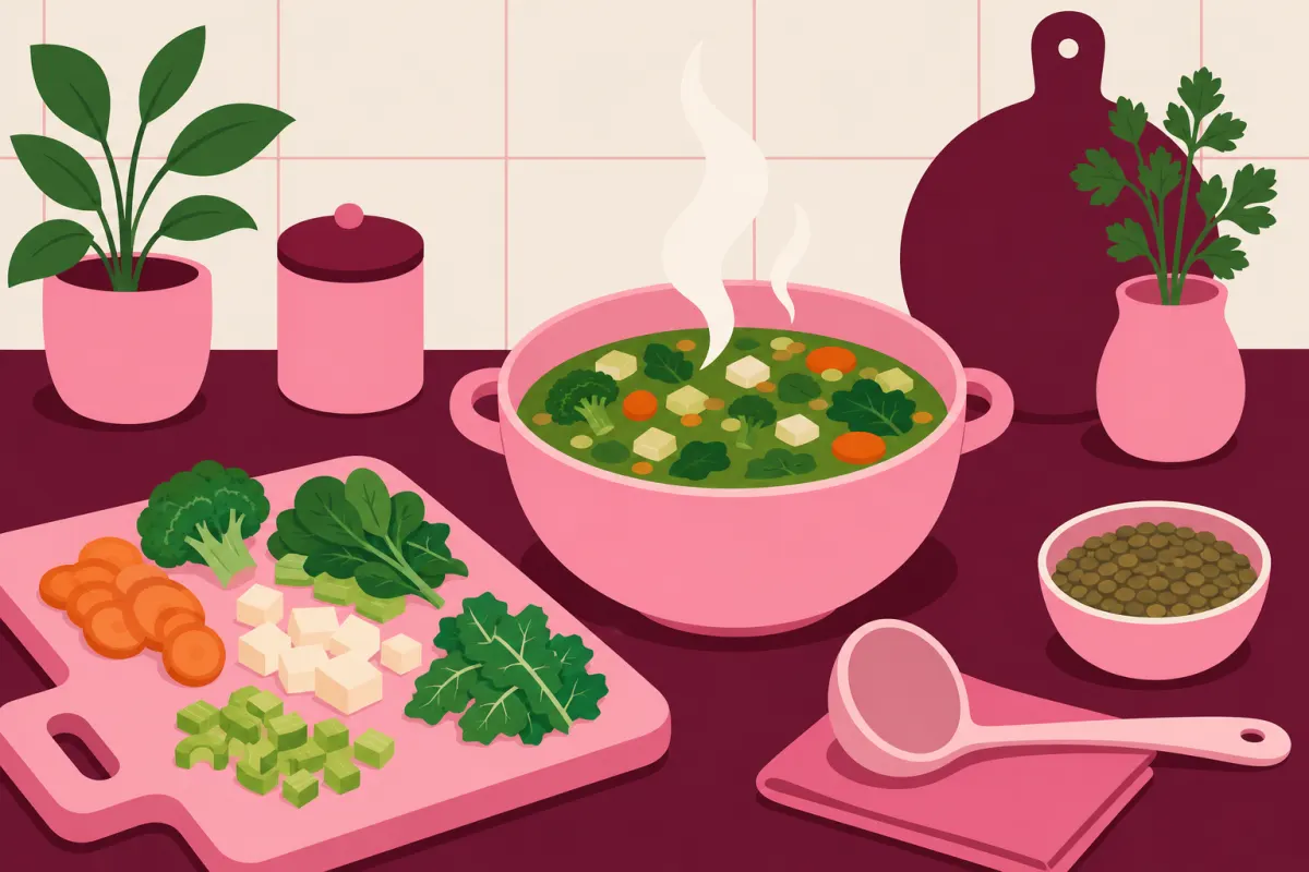 Illustration af et skærebræt med grøntsager og en skål suppe