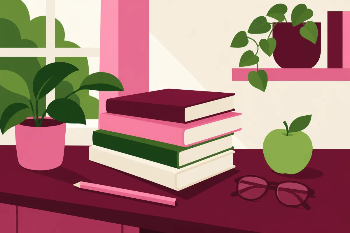 Illustration af et skrivebord med bøger, en blyant, briller og et æble