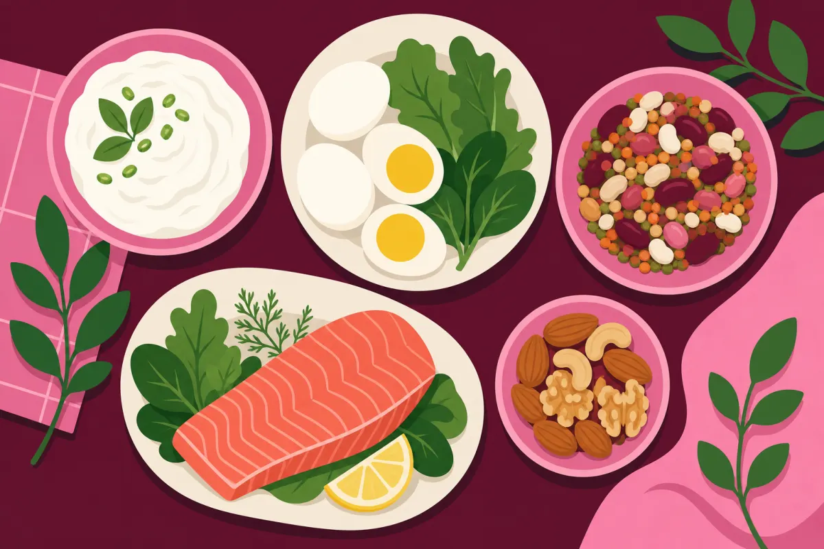 Illustration af skyr, æg, bønner, linser, laks og nødder