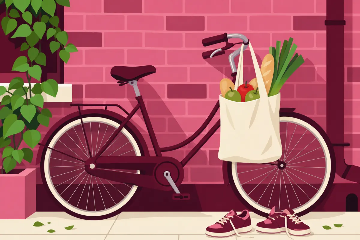 Illustration af en cykel ved en murstensvæg med en indkøbspose med grøntsager